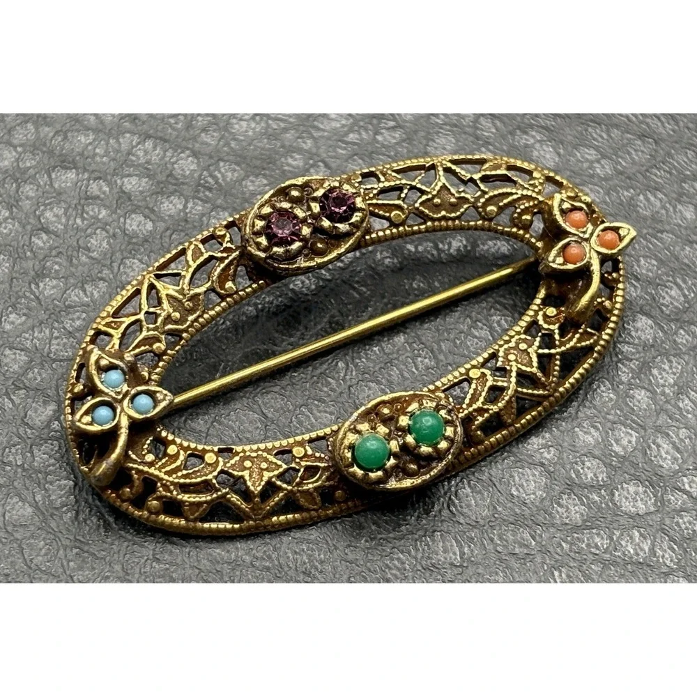 Vintage 1928 Brand Gold Tone Filigree Oval Brooch Etruscan - Victorian Style